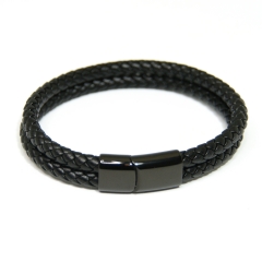 Herren Lederarmband 316L Edelstahl Magnetverschluss Wickelarmband schwarz